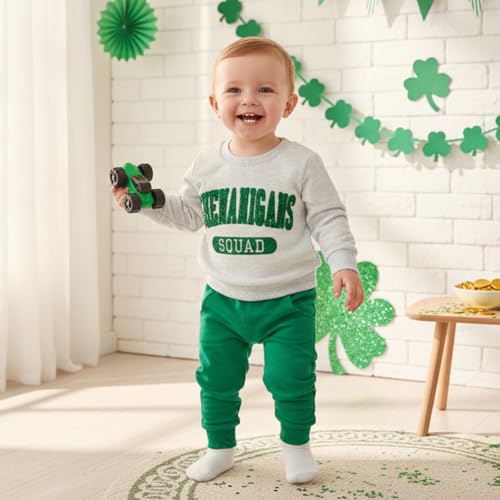 Frietlebird Toddler Baby Boy St Patricks Day Outfit Letters Print Crewneck Sweatshirt with Pants Cute St Patricks Day Baby Boy Outfit (P-Grey Green,18-24 Months) - Image 4