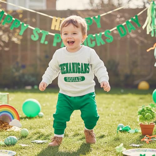 Frietlebird Toddler Baby Boy St Patricks Day Outfit Letters Print Crewneck Sweatshirt with Pants Cute St Patricks Day Baby Boy Outfit (P-Grey Green,18-24 Months) - Image 3