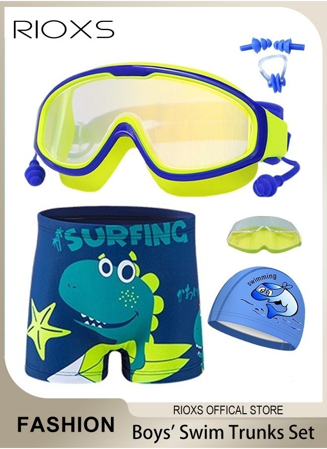 RIOXS Boys' Swimming Set,Short Swim Trunks And Swim Cap,Anti-Fog Wide View Swimming Goggles With Nose Clip Ear Plugs Goggle Case,Complete Swimwear Kit For Little Kids Boys 3-15 Beach Pool Hawaii  - Image 1