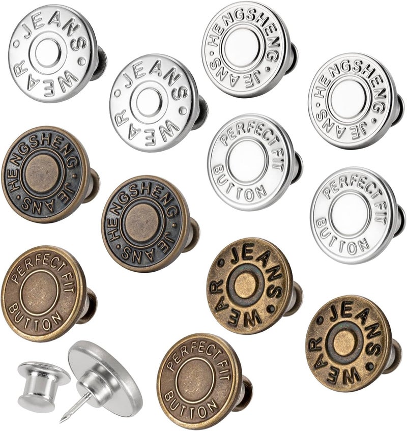 ZENGLU 12 Sets Jean Buttons pins No Sew Instant 17mm Replacement Button Adjustable Pants Buttons Kit - Image 1