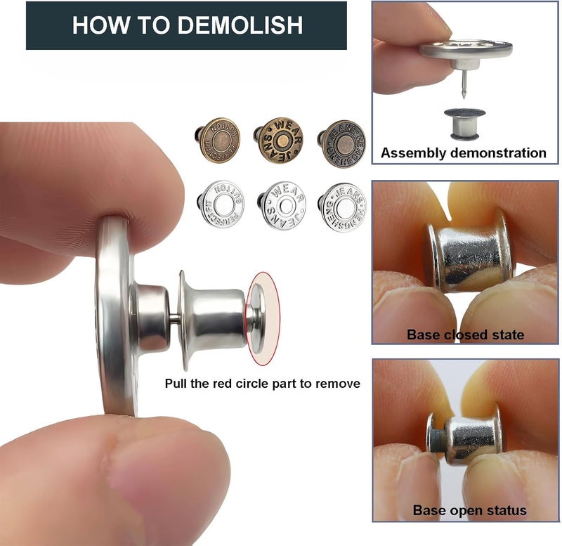 ZENGLU 12 Sets Jean Buttons pins No Sew Instant 17mm Replacement Button Adjustable Pants Buttons Kit - Image 3
