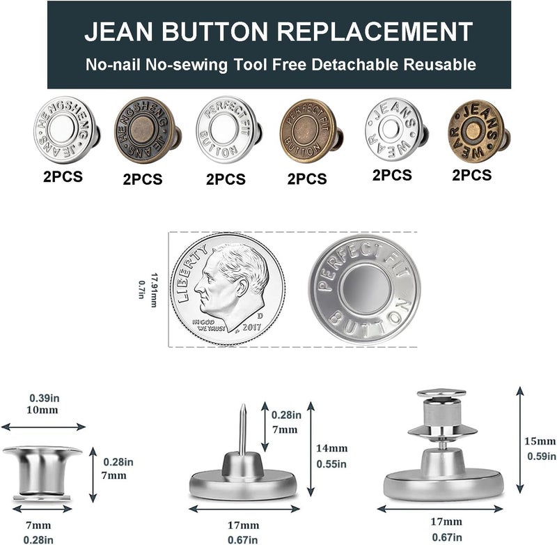 ZENGLU 12 Sets Jean Buttons pins No Sew Instant 17mm Replacement Button Adjustable Pants Buttons Kit - Image 2