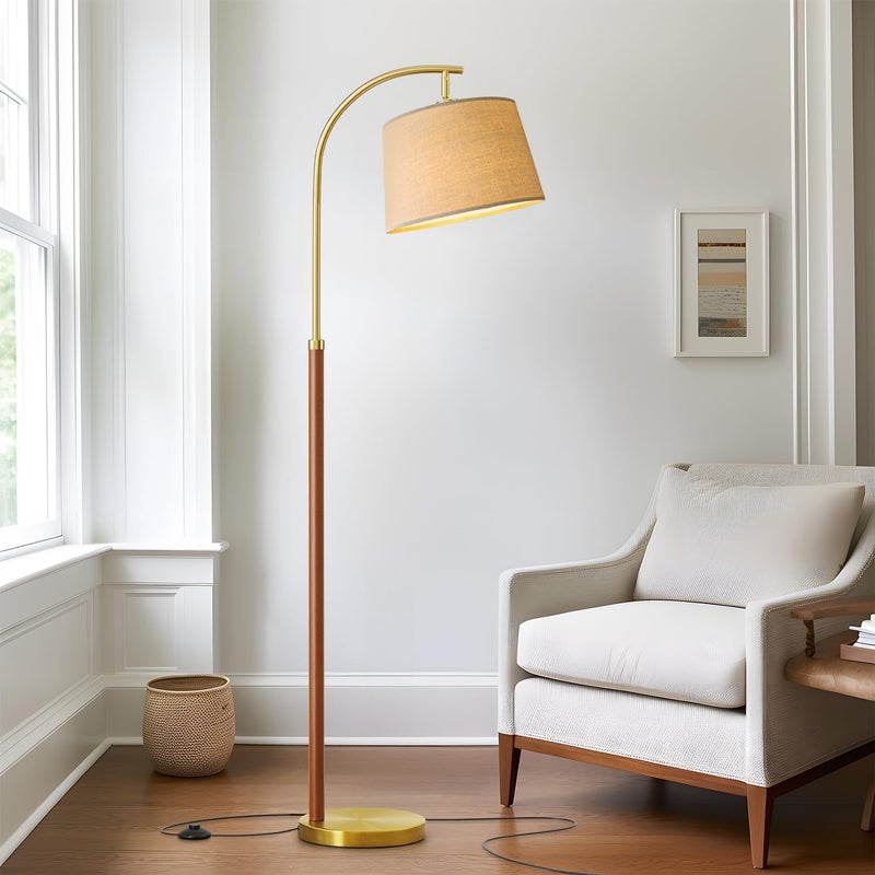 G-SAFAVA 62.5" Wood Floor Lamp for Living Room Gold with Foot Switch Arc Standing Tall Lamps for Bedroom Mid Century Modern Corner Floor Lamps for Office Nursery Industrial Reading Light Room Lamp - Image 1