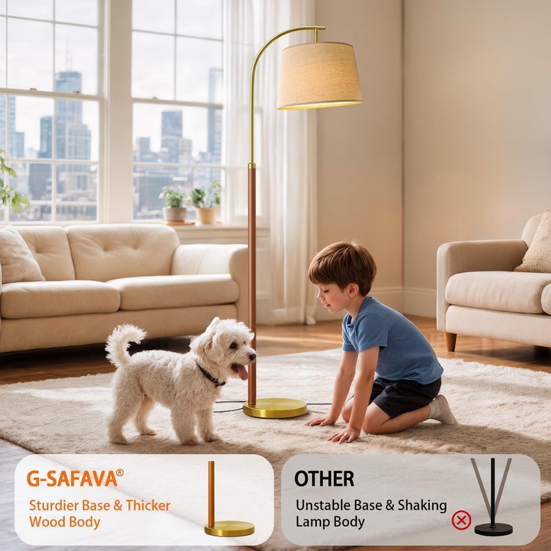 G-SAFAVA 62.5" Wood Floor Lamp for Living Room Gold with Foot Switch Arc Standing Tall Lamps for Bedroom Mid Century Modern Corner Floor Lamps for Office Nursery Industrial Reading Light Room Lamp - Image 3
