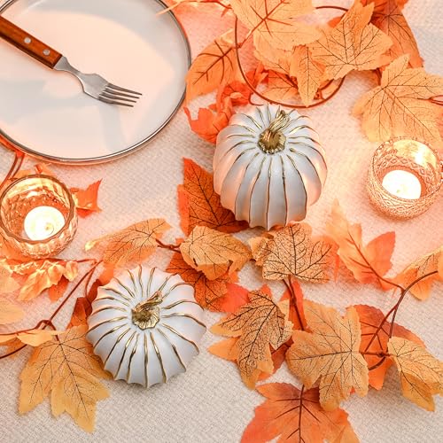 FESTGLOX Fall Pumpkin Decor, 2 PCS Resin Thanksgiving Fake Pumpkin Figurines, White and Gold Pumpkins for Decorating, Fall Decorations for Home, Farmhouse, Harvest Table Centerpiece - Image 2