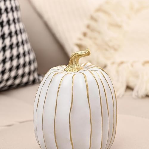 FESTGLOX Fall Pumpkin Decor, 2 PCS Resin Thanksgiving Fake Pumpkin Figurines, White and Gold Pumpkins for Decorating, Fall Decorations for Home, Farmhouse, Harvest Table Centerpiece - Image 5