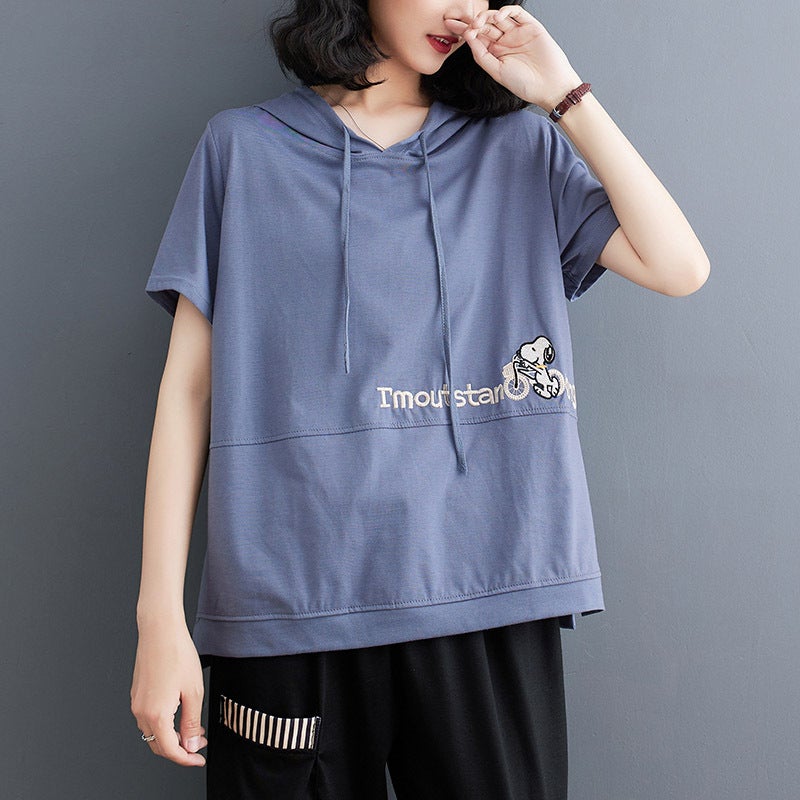 100 Cotton Hooded T-Shirt Women's Short-sleeved 2022 Summer Age-reducing Slimming Half-sleeved Loose Korean Sweater Women's Trendy - Image 2