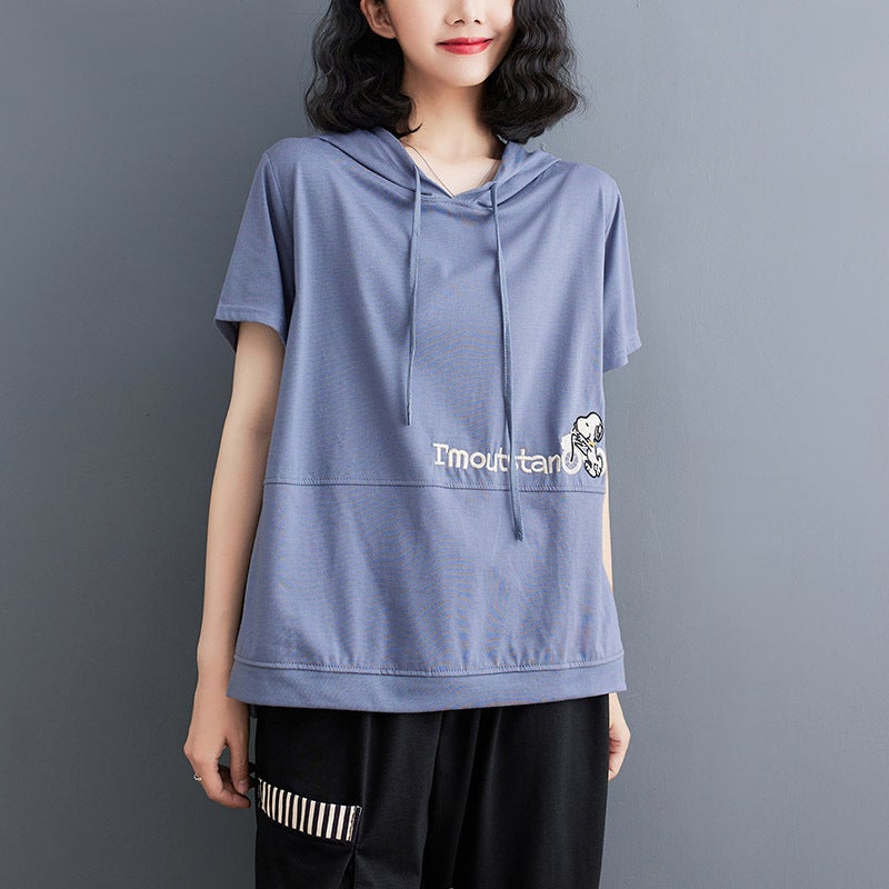 100 Cotton Hooded T-Shirt Women's Short-sleeved 2022 Summer Age-reducing Slimming Half-sleeved Loose Korean Sweater Women's Trendy - Image 3