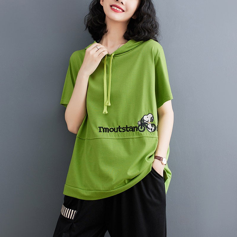 100 Cotton Hooded T-Shirt Women's Short-sleeved 2022 Summer Age-reducing Slimming Half-sleeved Loose Korean Sweater Women's Trendy - Image 4