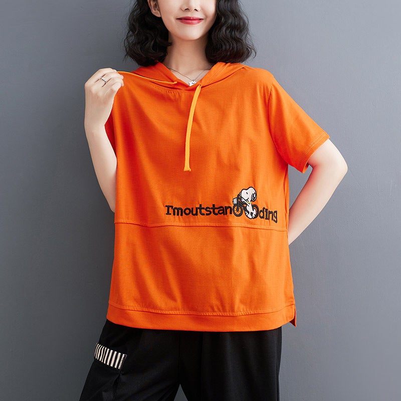 100 Cotton Hooded T-Shirt Women's Short-sleeved 2022 Summer Age-reducing Slimming Half-sleeved Loose Korean Sweater Women's Trendy - Image 1