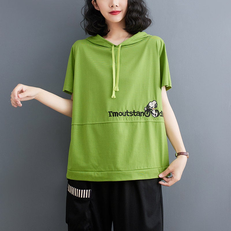 100 Cotton Hooded T-Shirt Women's Short-sleeved 2022 Summer Age-reducing Slimming Half-sleeved Loose Korean Sweater Women's Trendy - Image 5