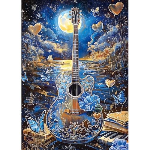 MINIWAN 1000 Piece Jigsaw Puzzles for Adults Fantasy Guitar Moonlight Puzzle Blue Night Sky with Butterflies Challenging Puzzles for Gifts Party Games Family Fun Puzzle Size 2755 1968 in - Image 1