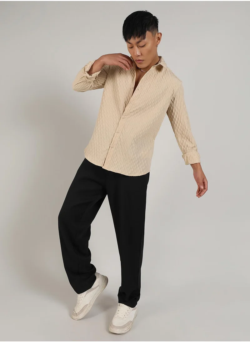 Campus Sutra Men's Butter Yellow Crinkled-Weave Shirt