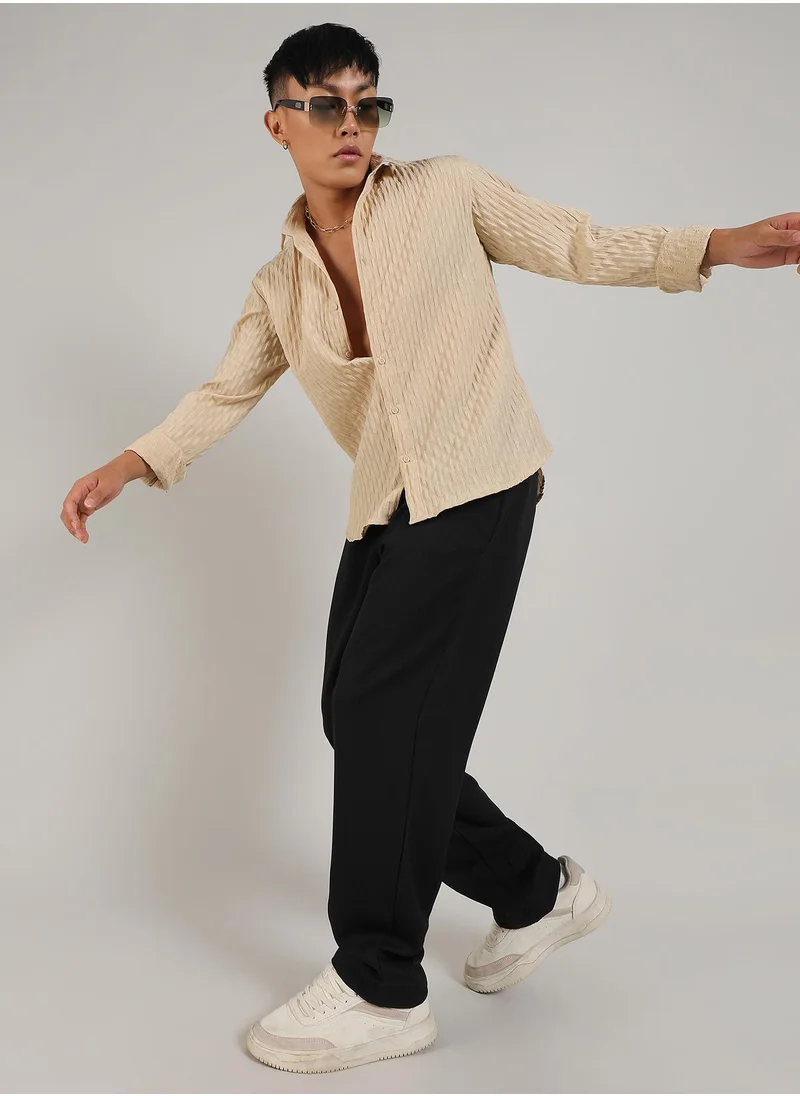 Campus Sutra Men's Butter Yellow Crinkled-Weave Shirt