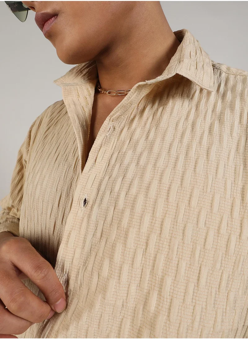 Campus Sutra Men's Butter Yellow Crinkled-Weave Shirt
