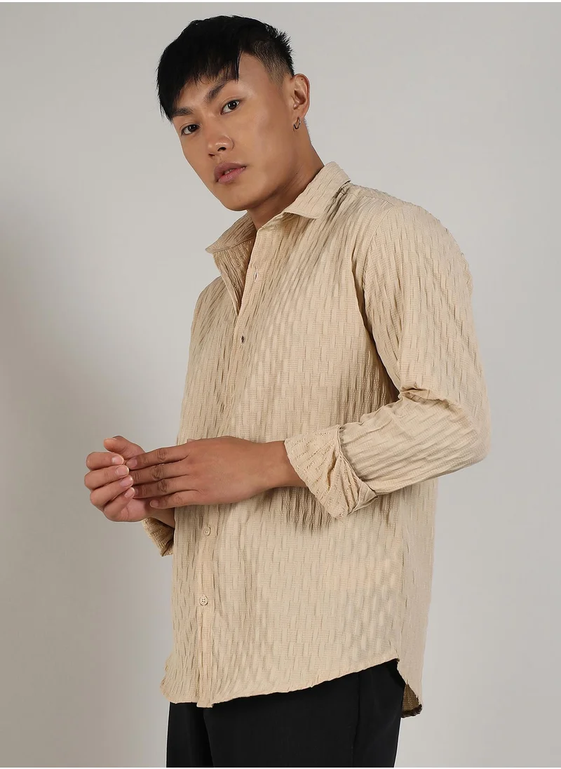 Campus Sutra Men's Butter Yellow Crinkled-Weave Shirt