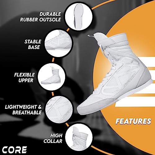 CORE Boxing Shoes - Lightweight Boxing Boots for Men & Women - High Support, High Traction - Breathable Lace Up Boxer Shoes - White - Image 4