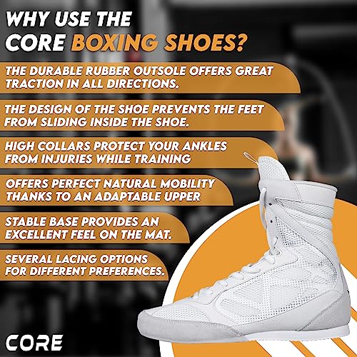 CORE Boxing Shoes - Lightweight Boxing Boots for Men & Women - High Support, High Traction - Breathable Lace Up Boxer Shoes - White - Image 5