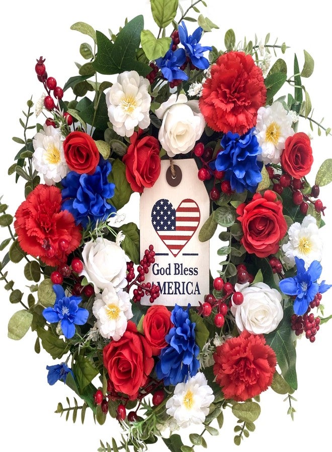 Idyllic 20Inch 4th of July, Patriotic, Independence Day Wreath for Front Door, Red White and Blue Flower Memorial Day, Independence Day Wreath for Front Door Wall Window Decor - Image 1