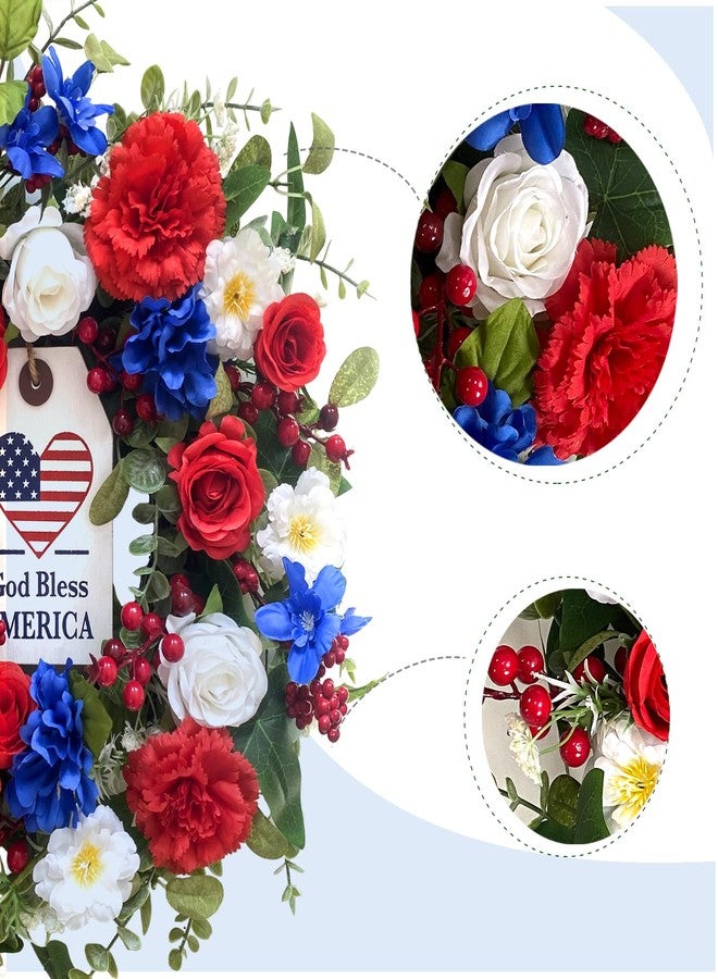 Idyllic 20Inch 4th of July, Patriotic, Independence Day Wreath for Front Door, Red White and Blue Flower Memorial Day, Independence Day Wreath for Front Door Wall Window Decor - Image 2