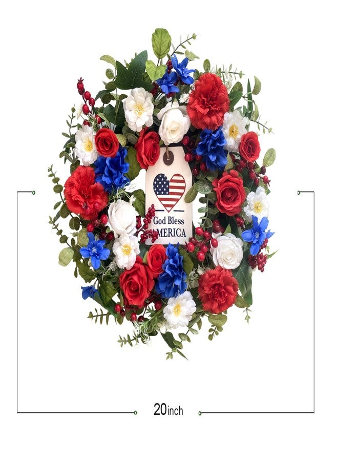 Idyllic 20Inch 4th of July, Patriotic, Independence Day Wreath for Front Door, Red White and Blue Flower Memorial Day, Independence Day Wreath for Front Door Wall Window Decor - Image 3