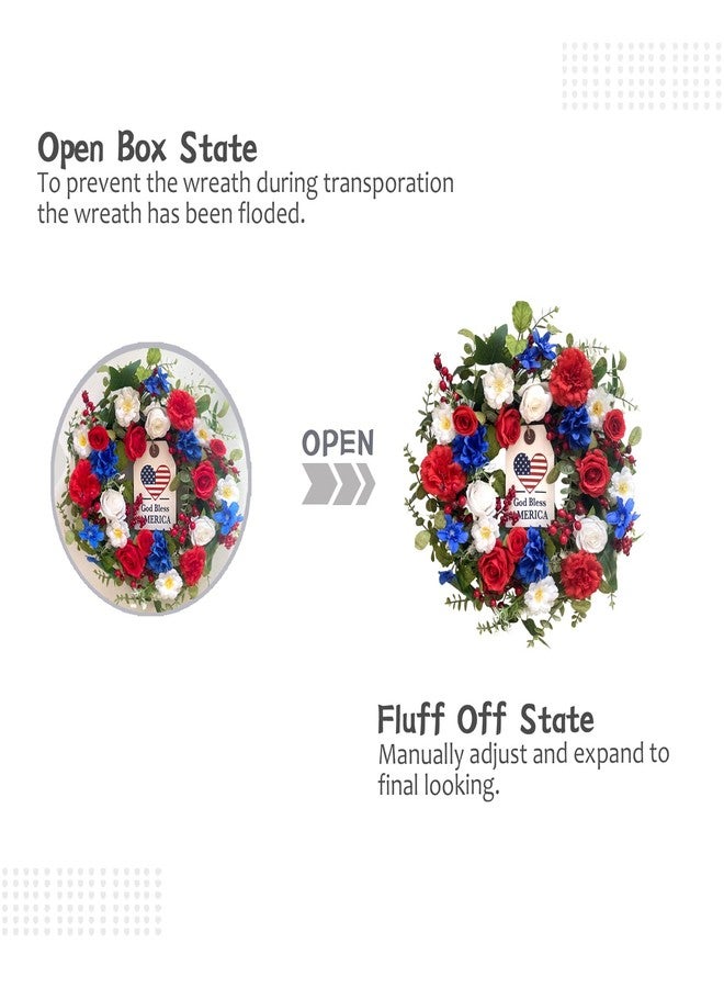 Idyllic 20Inch 4th of July, Patriotic, Independence Day Wreath for Front Door, Red White and Blue Flower Memorial Day, Independence Day Wreath for Front Door Wall Window Decor - Image 4