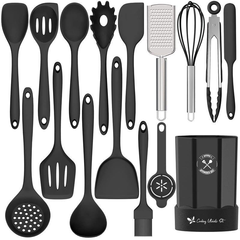 Silicone Kitchen Utensils Set 16Piece Silicone Cooking Utensils by Deedro Heat Resistant Kitchen Tools Set with Holder Nonstick Spatula Kitchen Gadgets for Cooking  Baking Black