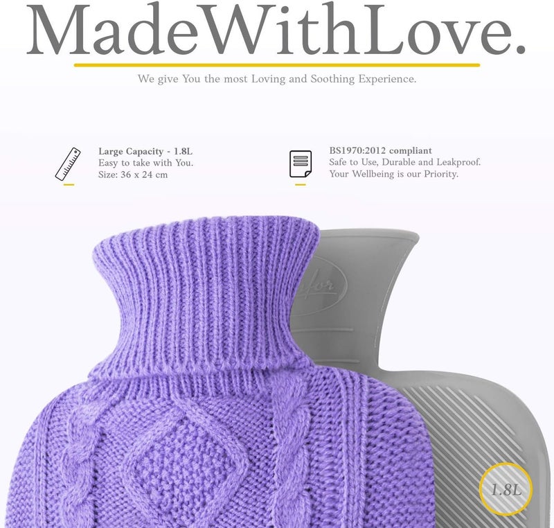 Qomfor Hot Water Bottle - Premium Soft Knit Cover - Large Capacity 1.8L Hot Water Bottle with Knitted House for Pain Relief, Back, Neck & Shoulders & Cosy Warm Nights - Purple - Image 3