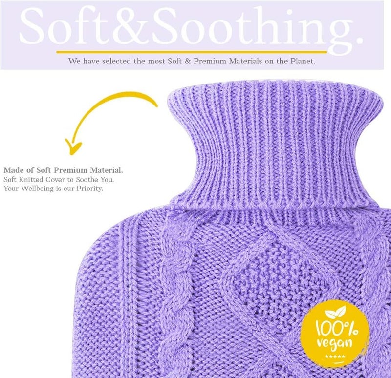 Qomfor Hot Water Bottle - Premium Soft Knit Cover - Large Capacity 1.8L Hot Water Bottle with Knitted House for Pain Relief, Back, Neck & Shoulders & Cosy Warm Nights - Purple - Image 2