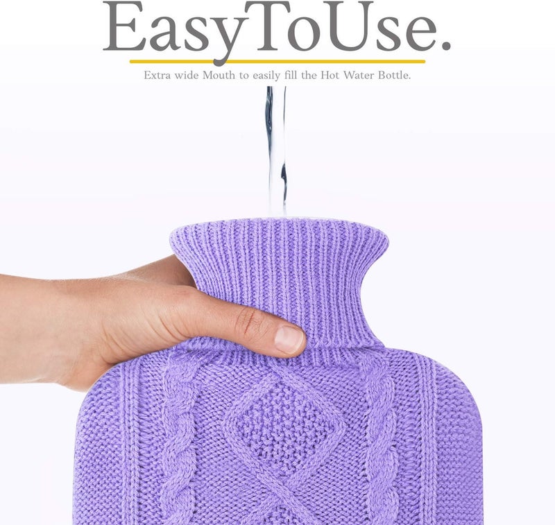 Qomfor Hot Water Bottle - Premium Soft Knit Cover - Large Capacity 1.8L Hot Water Bottle with Knitted House for Pain Relief, Back, Neck & Shoulders & Cosy Warm Nights - Purple - Image 4