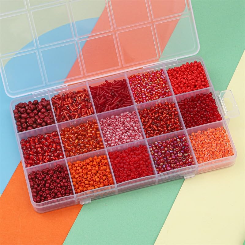 Basigeese Mix 15 Color Glass Seed Beads Tube Beads Glass Bugle Beads Loose Kit for Jewelry Making DIY Craft Beading (Mix 15 Color, Red) - Image 2