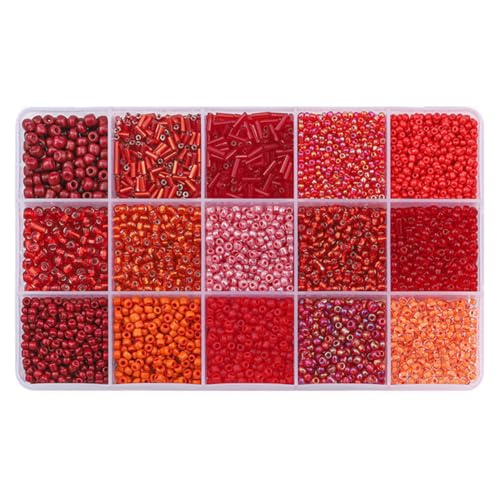 Basigeese Mix 15 Color Glass Seed Beads Tube Beads Glass Bugle Beads Loose Kit for Jewelry Making DIY Craft Beading (Mix 15 Color, Red) - Image 1