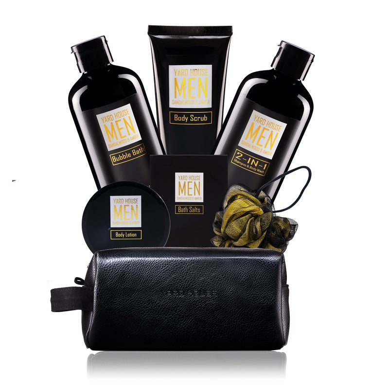 YARD HOUSE Bath and Body Spa Gift Baskets Set for Men - Sandalwood Amber - 7Pc Full Size Spa Kit in Toiletry Bag - Fathers Day Gifts For Husband, Dad From Wife, Daughter Son, Birthday Gifts For Him - Image 1