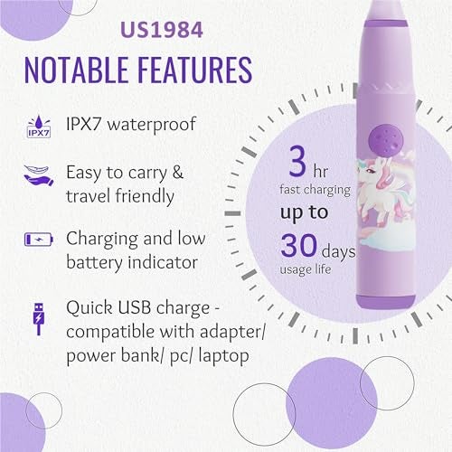 US1984 Sonic Electric Toothbrush for Kids with 4 Modes, 3 Brush Heads & Rechargeable Battery, Ultra Soft Nylon Bristles, IPX7 Waterproof, Electric Power Tooth brush (Blue & Purple - Image 3