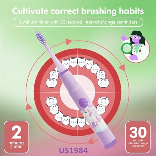 US1984 Sonic Electric Toothbrush for Kids with 4 Modes, 3 Brush Heads & Rechargeable Battery, Ultra Soft Nylon Bristles, IPX7 Waterproof, Electric Power Tooth brush (Blue & Purple - Image 2
