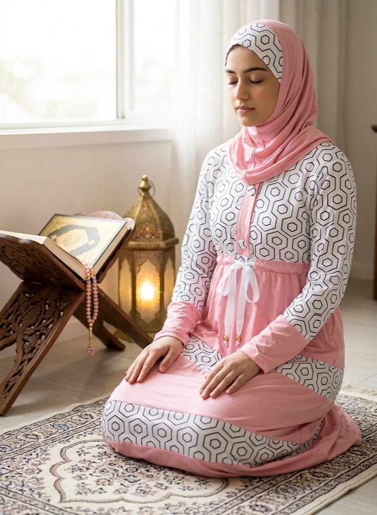 Girls / Teens One-Piece Islamic Prayer Dress Abaya with Attached Hijab Waist Drawstring and Front Buttons - Soft Pink with Geometric White Pattern