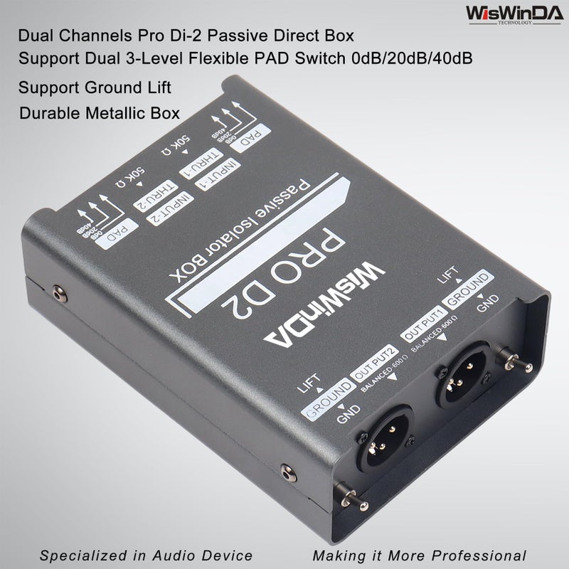 WisWinDa Pro Di-2 Passive Stereo Direct Box With 3-Level PAD Switch Dual Channel XLR Input 1/4â€ Output Low Distortion Free Phase Distortion for Musical Instruments (Pro Di-2 Gray) - Image 2