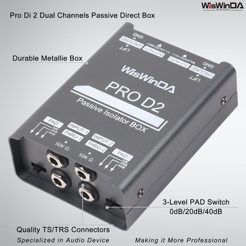 WisWinDa Pro Di-2 Passive Stereo Direct Box With 3-Level PAD Switch Dual Channel XLR Input 1/4â€ Output Low Distortion Free Phase Distortion for Musical Instruments (Pro Di-2 Gray) - Image 3