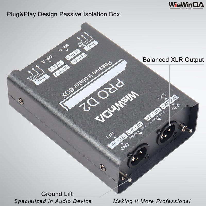 WisWinDa Pro Di-2 Passive Stereo Direct Box With 3-Level PAD Switch Dual Channel XLR Input 1/4â€ Output Low Distortion Free Phase Distortion for Musical Instruments (Pro Di-2 Gray) - Image 4
