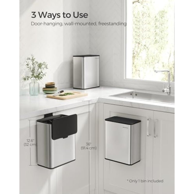 8L Hanging Compost Bin Kitchen Steel Waste Bin with Lid for Organic Waste with Hooks on Cabinet Door or Wall for Base Cabinet Bathroom Metallic Silver LTB810E08 - Image 4