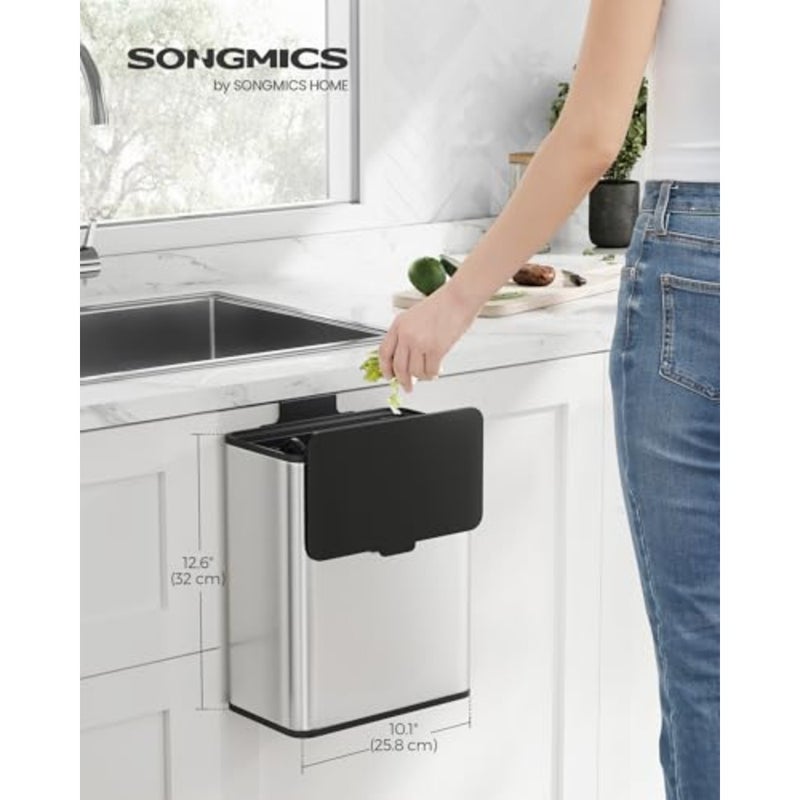 8L Hanging Compost Bin Kitchen Steel Waste Bin with Lid for Organic Waste with Hooks on Cabinet Door or Wall for Base Cabinet Bathroom Metallic Silver LTB810E08 - Image 3