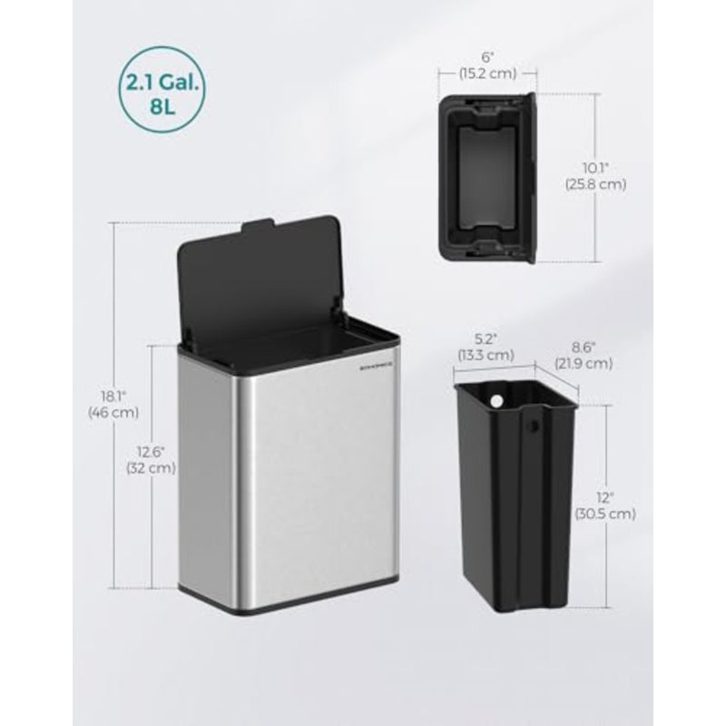 8L Hanging Compost Bin Kitchen Steel Waste Bin with Lid for Organic Waste with Hooks on Cabinet Door or Wall for Base Cabinet Bathroom Metallic Silver LTB810E08 - Image 5