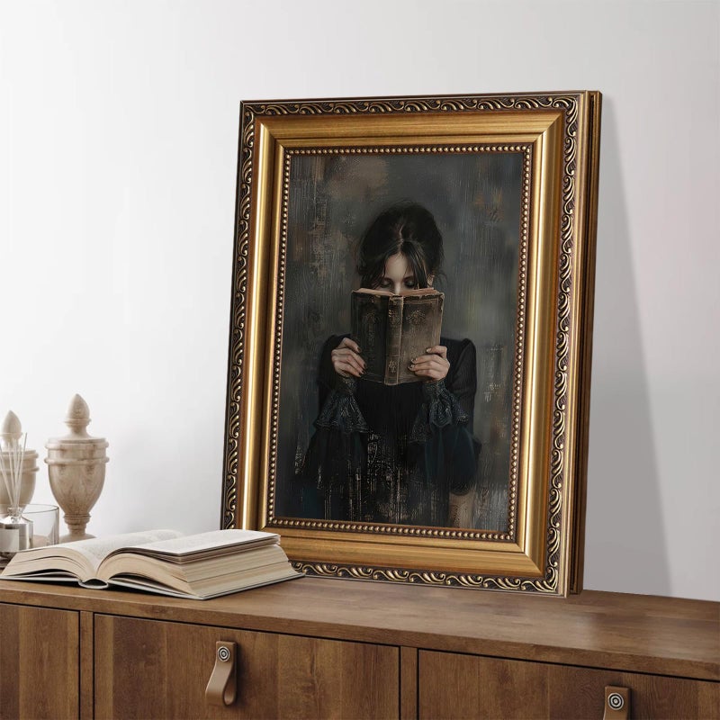 ASTRDECOR Gold Framed Canvas Wall Art Print, Victorian Woman Painting Picture, Vintage Portrait Oil Painting Wall Decor, Moody Reading Nook Painting for Bedroom Bathroom Wall Art, Dark Academia Decor 12''x16'' - Image 3
