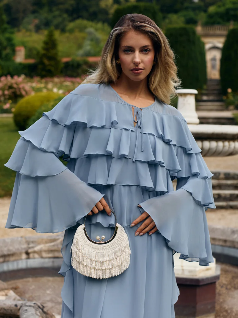 Lichi  Airy maxi dress with ruffles on the bodice and matching ties for Women | Best Price UAE
