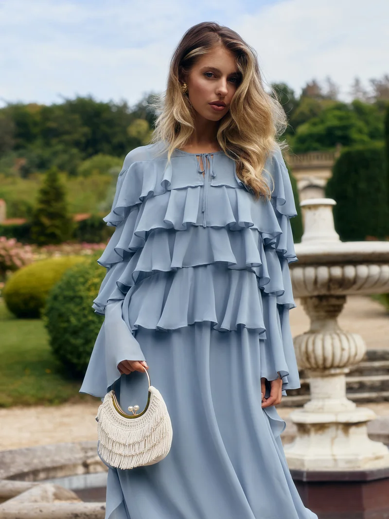 Lichi  Airy maxi dress with ruffles on the bodice and matching ties for Women | Best Price UAE