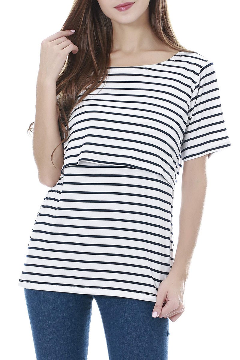 Smallshow 3 Pcs Maternity Nursing T-Shirt Nursing Tops White Stripe-Black-Grey XX-Large - Image 2