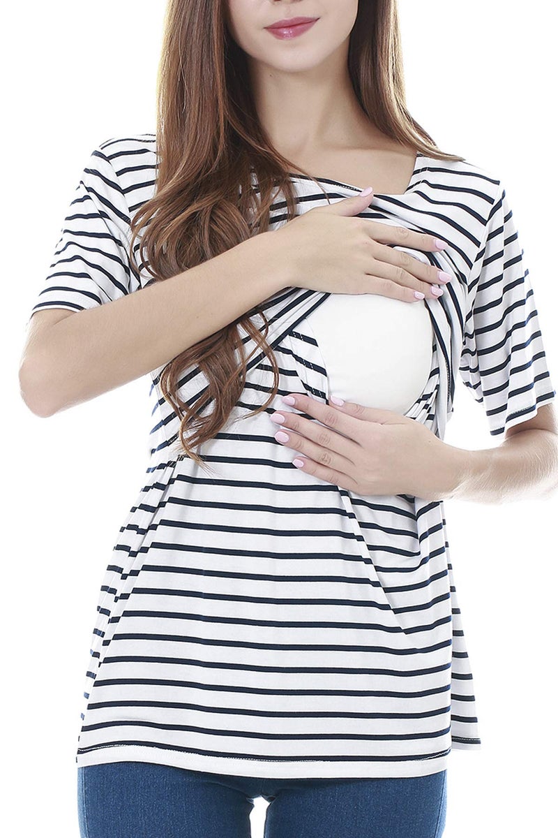 Smallshow 3 Pcs Maternity Nursing T-Shirt Nursing Tops White Stripe-Black-Grey XX-Large - Image 3