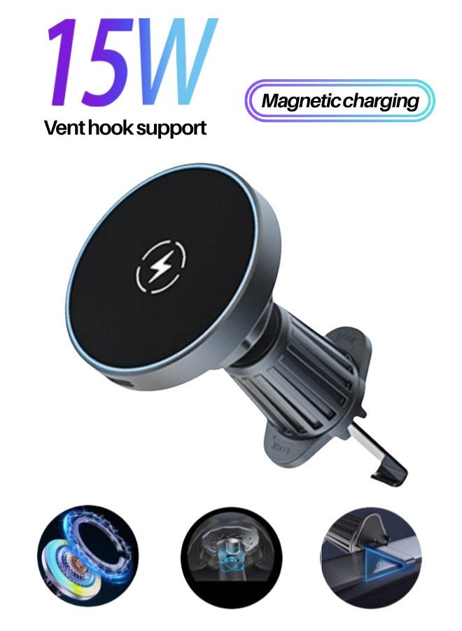 Qi2/Magsafe 15W Air Vent Car Wireless Charger - Strong Hook Clip Mount For Iphone 16/15 Pro Max 360° Adjustable, No-Slip Grip, Aluminum Alloy + Cooling Fan, Fast Charging & Stable Fit (Black)  - Image 1