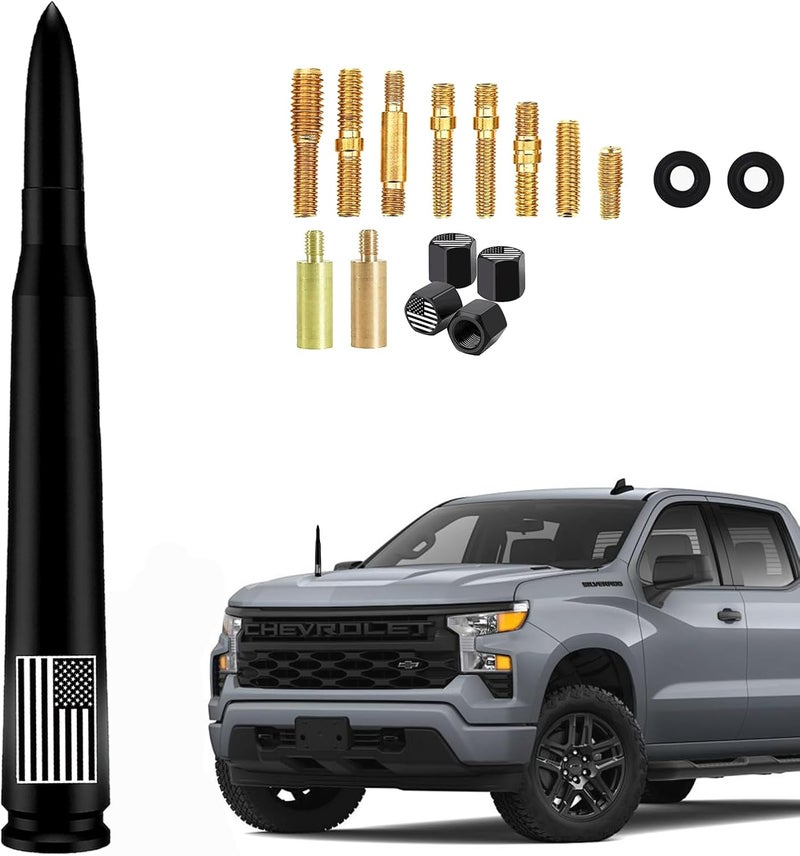 هوائي رصاصة للسيارات والشاحنات مع أغطية صمامات الإطارات - عمود لـ GM Chevy Silverado 1500 2500 3500 HD Avalanche Ford F150 F250 F350 Denali شاحنات البيك أب الثقيلة (أسود) - تصميم مضاد للسرقة - Image 1