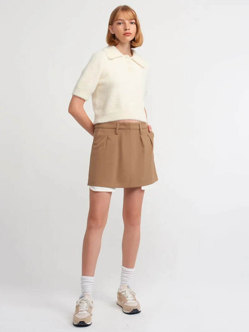 Dilvin 10475 Polo Neck Buttoned Soft Textured Crop Sweater-Cream